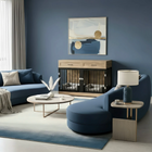 OnePaw ELARA modern living room with blue sofa, wooden coffee table, and a pet crate.