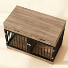 OnePaw ELARA wooden coffee table with pet crate design on a beige background.