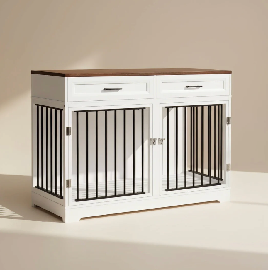 OnePaw ELARA white pet crate with black metal bars on a beige background.