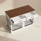 OnePaw ELARA white pet crate with wooden top on a beige background.