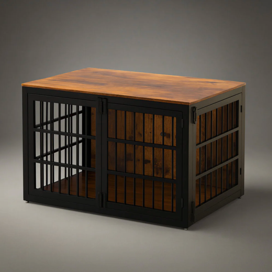 OnePaw ALECTO wooden top and metal pet crate design furniture piece on a gray background.