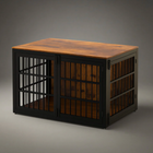 OnePaw ALECTO wooden top and metal pet crate design furniture piece on a gray background.