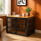 OnePaw ALECTO wooden pet crate with metal bars in a room with a plant and cup on top.