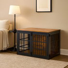 OnePaw ALECTO wooden pet crate with metal bars in a living room setting.