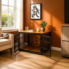 OnePaw ALECTO wooden pet crate with metal grid design in a home office setting.