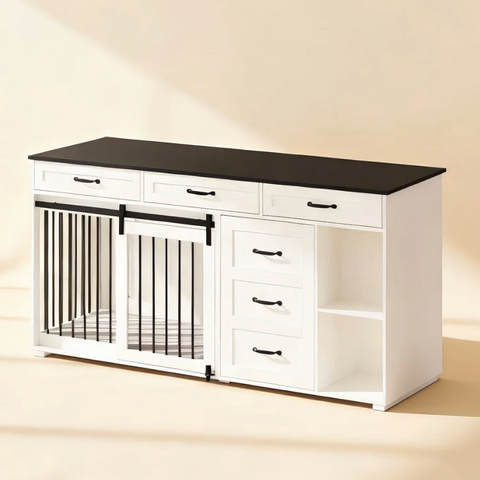 OnePaw ARDEA white cabinet with black countertop and pet gate on a beige background
