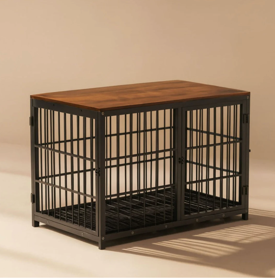 OnePaw Ares dog crate with wooden top on a beige background