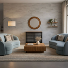 OnePaw Ares modern living room with gray sofas, wooden coffee table, and furniture style crate.