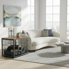 OnePaw Ares modern living room with a white sofa, dog crate, and side table.