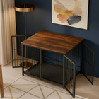 OnePaw Ares wooden table with metal pet crate design in a room with dark blue walls and a lamp.