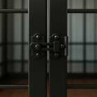 OnePaw Ares close-up of a black metal gate with a latch mechanism.