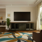 OnePaw ATHENA living room with a television mounted on the wall above a wooden pet crate.