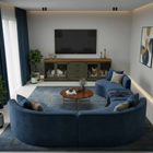 OnePaw ATHENA modern living room with a blue sectional sofa, wooden coffee table, and a pet crate.