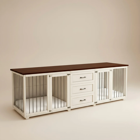 OnePaw ATHENA white pet crate with wooden top on a beige background.