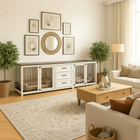 OnePaw ATHENA living room with a pet crate integrated into a cabinet, decorative elements, and furniture.