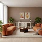 OnePaw ATHENA modern living room with brown sofas, a coffee table, and pet crate.