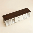 OnePaw ATHENA long wooden pet crate with dark brown top and white base on a beige background.
