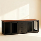OnePaw ATHENA wooden cabinet with black metal dog kennels on a beige background.