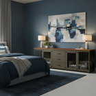 OnePaw ATHENA modern bedroom with dark blue walls, a bed, and a pet crate.