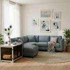 OnePaw AURELIA modern living room with a gray sectional sofa, coffee table, and pat crate.