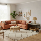 OnePaw AURELIA cozy living room with a brown sectional sofa, coffee table, and pat crate.