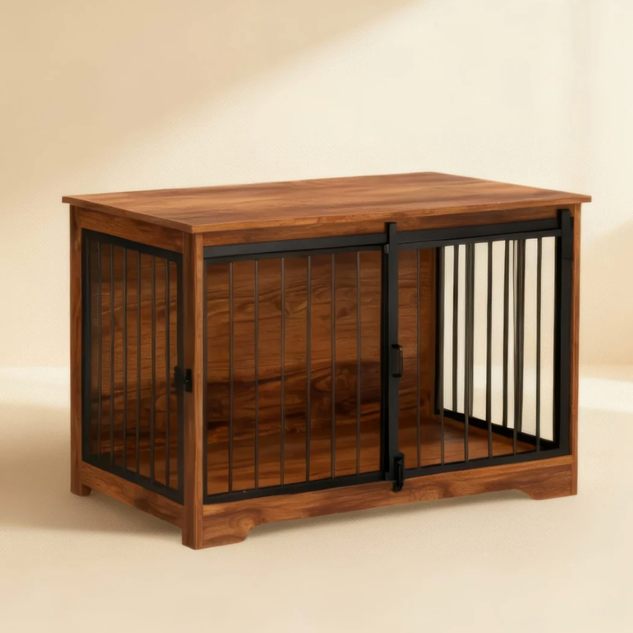 OnePaw AURELIA wooden pet crate with metal bars on a beige background