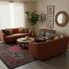 OnePaw AURELIA living room with two brown sofas, a round coffee table, and a pet crate.