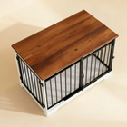 OnePaw AURELIA wooden top on a metal and wood pet crate with a beige background