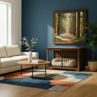 OnePaw AURELIA living room with a dog crate, sofa, coffee table, and framed picture on a blue wall.