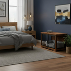 OnePaw AURELIA modern bedroom with wooden bed, nightstands, and wooden. pet crate.