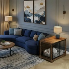 OnePaw AURELIA modern living room with a blue sectional sofa, wooden pet crate, and abstract wall art.
