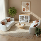 OnePaw AVENOR modern living room with white sofas, a coffee table, and a pet crate.