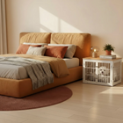 OnePaw AVENOR bedroom with a bed, dog crate, and small table.