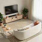 OnePaw AVENOR modern living room with a white sofa, wooden pet crate, and TV stand.