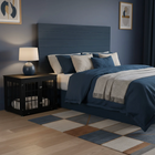 OnePaw AVENOR bedroom with dark blue walls, bed, pet crate, and lamp.