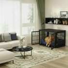 OnePaw AVENOR dog crate in a living room with a dog inside, surrounded by furniture and decor.