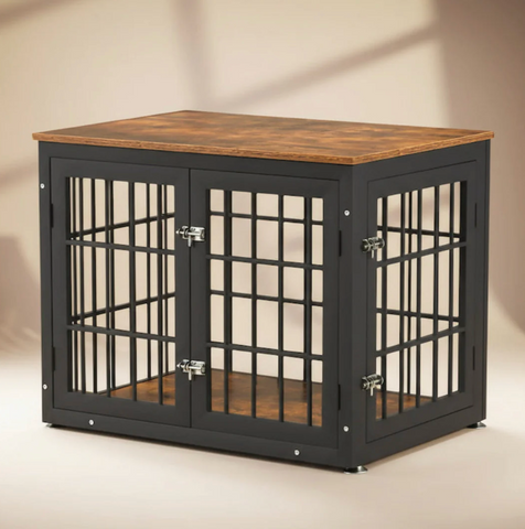 OnePaw AVENOR dog crate with wooden top and black metal frame on a beige background.