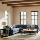 OnePaw AVENOR modern living room with a blue sectional sofa, wooden coffee table, and a pet crate.