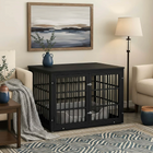 OnePaw AVENOR black pet crate in a living room setting with furniture and decor.