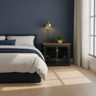 OnePaw AVENOR modern bedroom with a bed, nightstand, and a wooden pet crate.