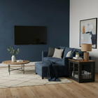 OnePaw AVENOR modern living room with a blue sofa, wooden coffee table, and pet crate.