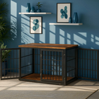 OnePaw AVENOR wooden pet crate with metal bars in a room with blue walls, shelves, and plants.
