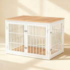 OnePaw AVENOR white pet crate with wooden top on a beige background.