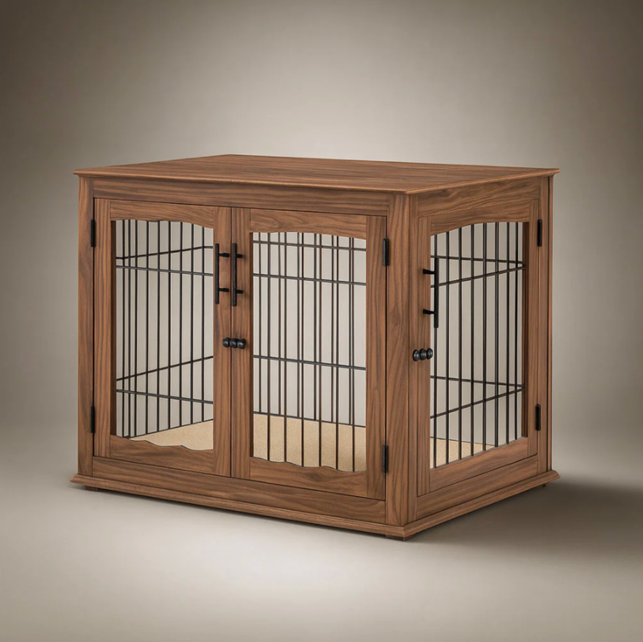OnePaw CALLISTO wooden pet crate with metal bars on a neutral background.