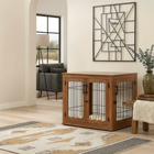 OnePaw CALLISTO wooden pet crate with wire doors in a living room setting.