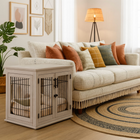 OnePaw CALLISTO living room with a beige sofa, decorative pillows, and a white pet crate.