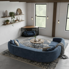 OnePaw EIRENE modern living room with a blue sofa, coffee table, and pet crate.