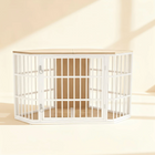 OnePaw EIRENE white pet crate with wooden panels on a beige background.