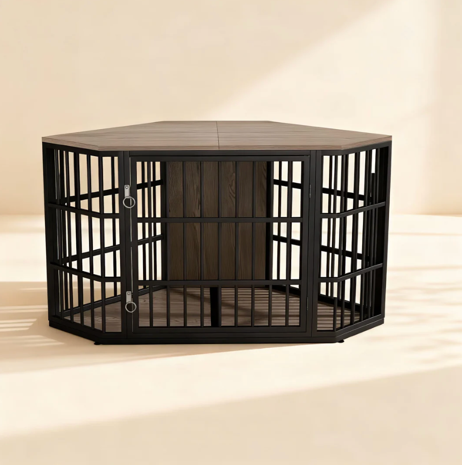 OnePaw EIRENE black metal dog crate on a beige background.