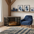 OnePaw EIRENE dog crate in a living room with a blue armchair and decorative items on a shelf.